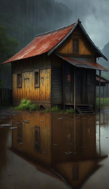 Une maison sous la pluie avec les mots "maison sur le toit"