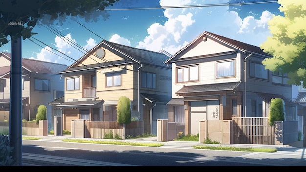 maison de style anime avec une clôture et une rue en face d'elle