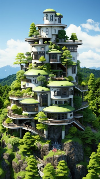 Une maison de style japonais au sommet d'une montagne