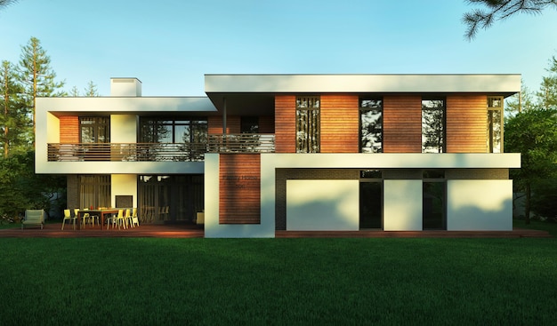 Maison de style moderne. Visualisation 3D. Maison avec terrasse et fenêtres panoramiques. Une maison privée