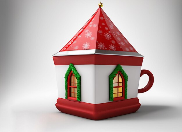 Maison de tasse de Noël 3D sur fond blanc rouge