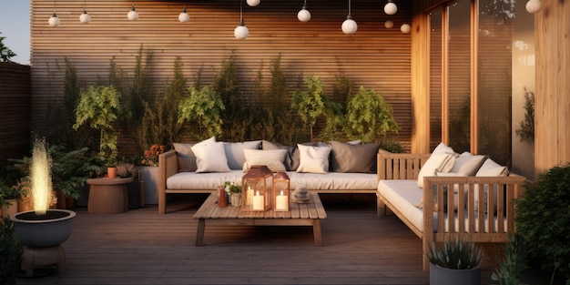 Maison en terrasse avec des plantes, mur en bois et table