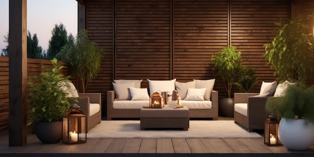 Maison en terrasse avec des plantes, mur en bois et table