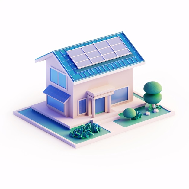 une maison avec un toit bleu et un arbre vert sur le toit maison avec un panneau solaire sur le toit pour l'éco-alternative