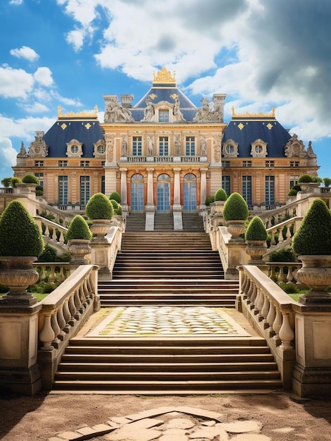 une maison avec un toit bleu et un escalier menant à l'entrée.