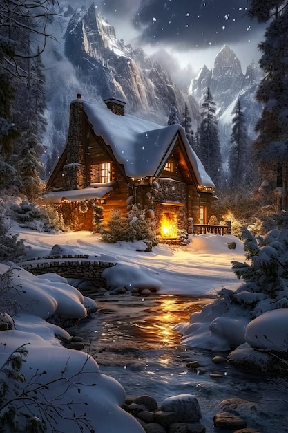 Une maison avec un toit couvert de neige et une cheminée éclairée au milieu de la nuit
