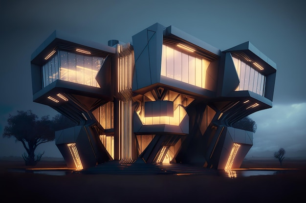 Une maison avec un toit noir et des lumières au sommet Maison néo-futuriste par David Rockwell AI Generated