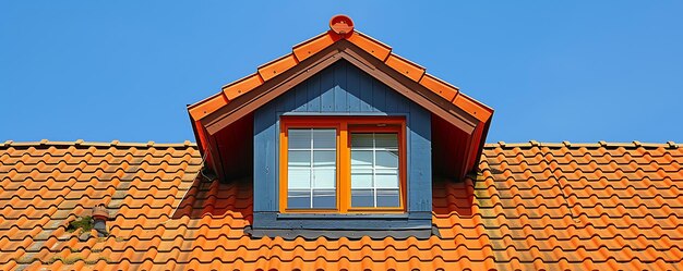 une maison avec un toit rouge et une fenêtre bleue