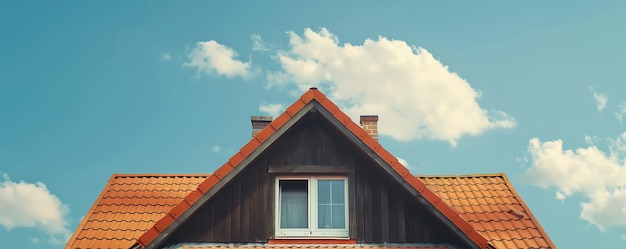 une maison avec un toit rouge et une fenêtre avec un fond de ciel