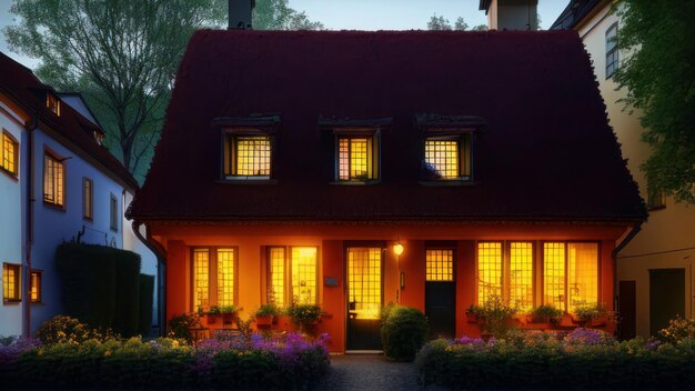 Une maison avec un toit rouge et un toit rouge avec les lumières allumées.