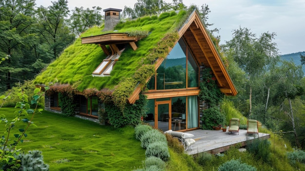 La maison avec un toit vert est entourée d'arbres et d'herbe