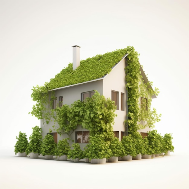 Une maison avec un toit vert et des plantes dessus