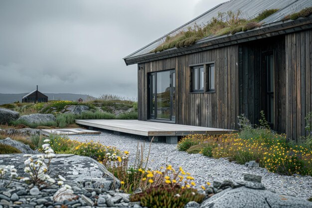 Une maison avec un toit vert et un pont en bois