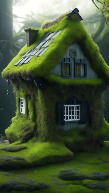 Une maison avec un toit vert et un toit vert.