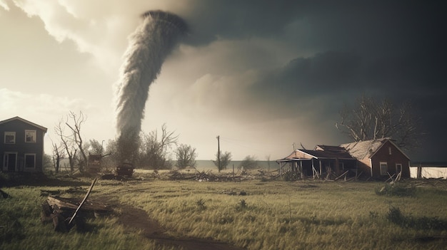 Une maison avec une tornade qui en sort