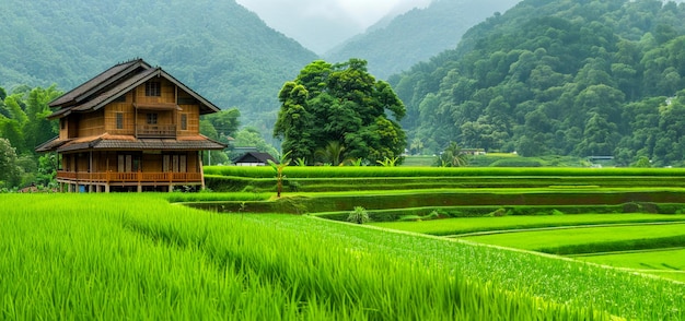 Une maison traditionnelle dans un paysage rural serein avec des montagnes en arrière-plan