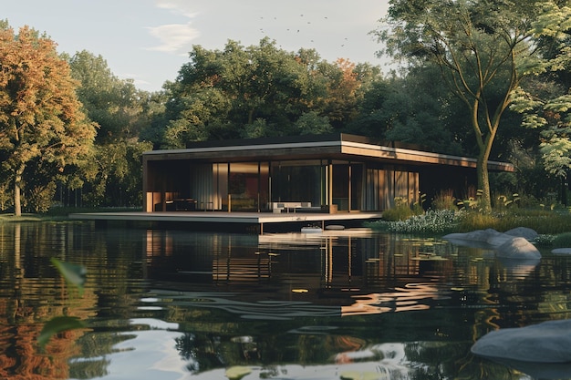 Une maison tranquille sur le lac entourée d'arbres.