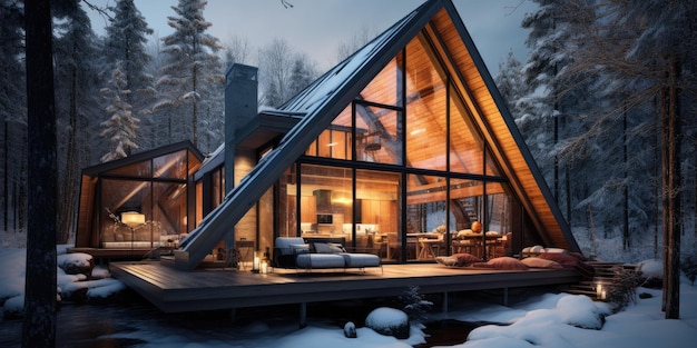 Maison triangulaire dans la forêt d'hiver Maison à ossature en pierre et bois IA générative