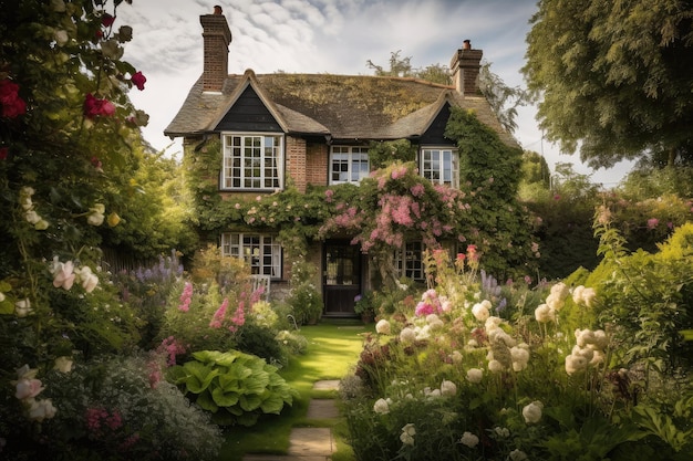 Maison Tudor entourée de fleurs épanouies et de verdure