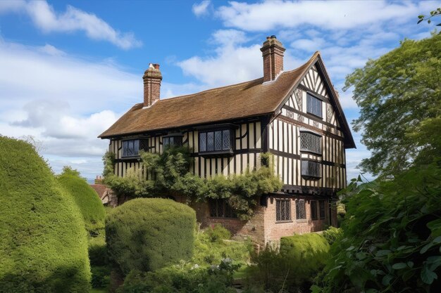 Maison Tudor avec vue sur les collines entourées d'arbres et de ciel bleu