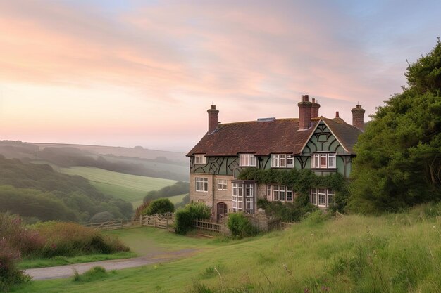 Maison Tudor avec vue sur les collines verdoyantes entourées de ciel pastel