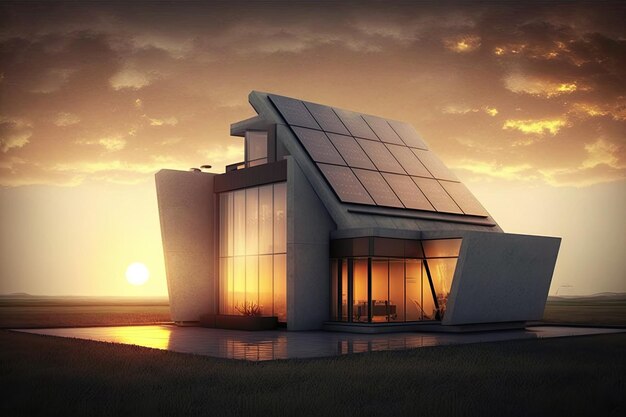 Maison unifamiliale avec panneaux solaires au coucher ou au lever du soleil Concept de développement durable AI générative