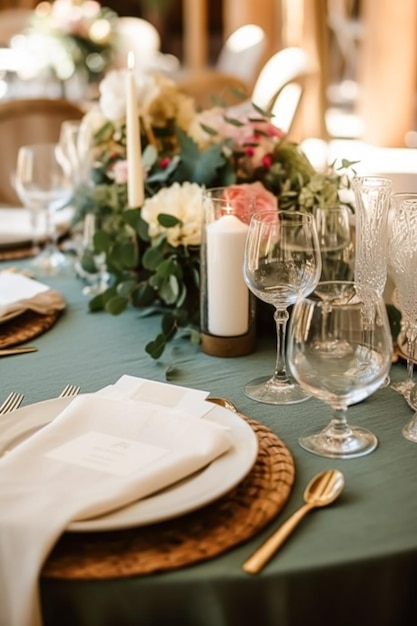 Maison de vacances vert sauge tablescape table de dîner formel réglage scape de table avec décoration pour fête de mariage et célébration de l'événement générative ai