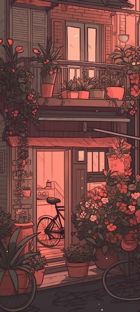 Une maison avec un vélo sur le balcon