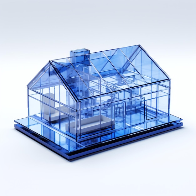 Photo maison de verre bleue dans un modèle 3d isométrique sur fond blanc