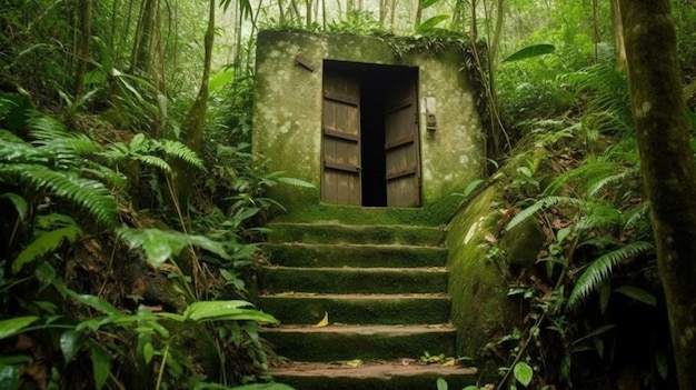 Une maison verte dans la jungle avec une porte qui dit 'la porte'