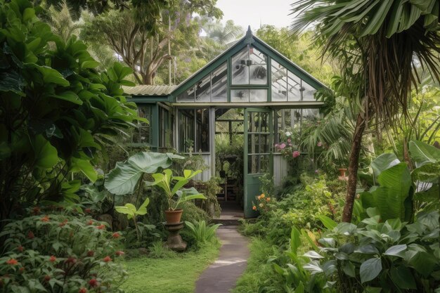 Maison verte entourée d'une végétation luxuriante et de plantes à fleurs créées avec une IA générative