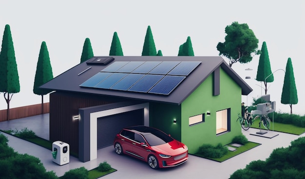Une maison verte avec un panneau solaire sur le toit.