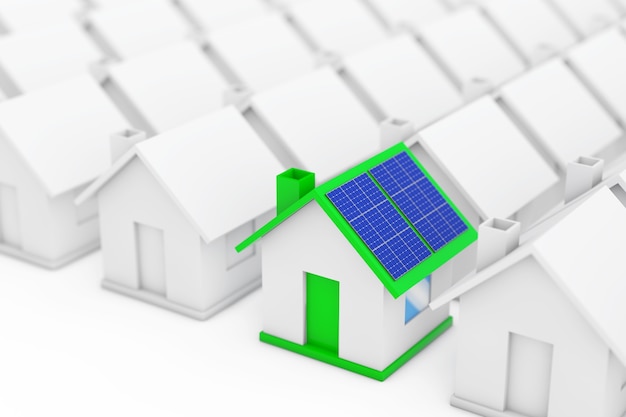 Maison verte avec panneaux solaires bleus parmi les maisons blanches sur fond blanc. Rendu 3D.