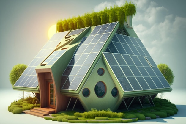 Une maison verte avec des panneaux solaires sur le toit