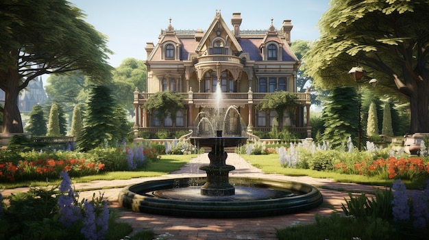 Une maison victorienne avec un jardin bien entretenu et une fontaine