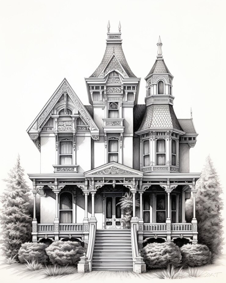 La maison victorienne en noir et blanc