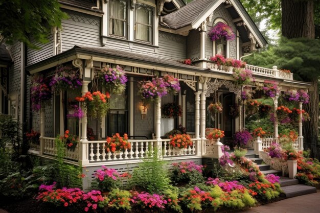 Photo une maison victorienne avec un porche enveloppé et des paniers de fleurs accrochés