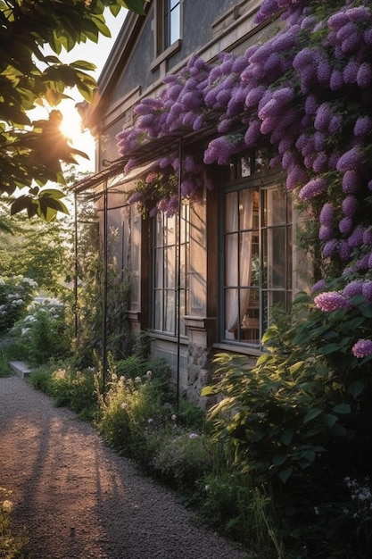 Une maison avec une vigne pourpre sur le côté