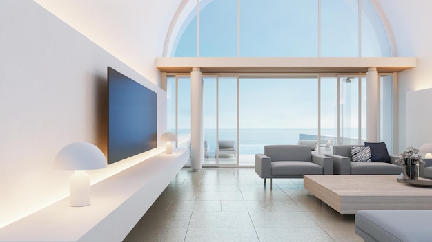 Maison de villa de luxe sur la plage avec vue sur la mer design moderne intérieur - rendu 3D