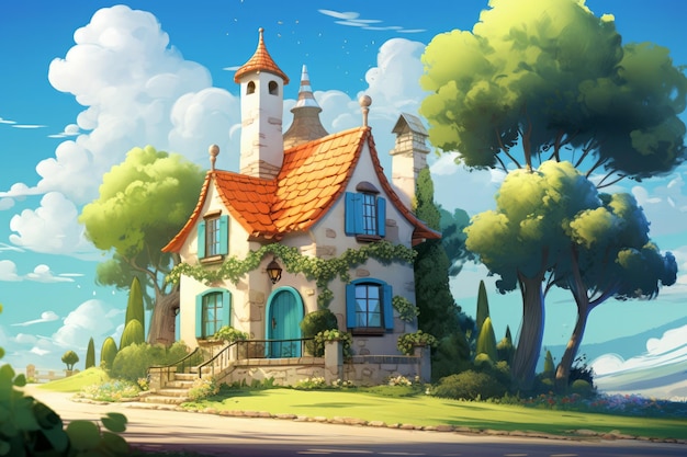 Maison de village de dessin animé devant l'extérieur d'un bâtiment de maison résidentielle pittoresque Concept de conte de fées