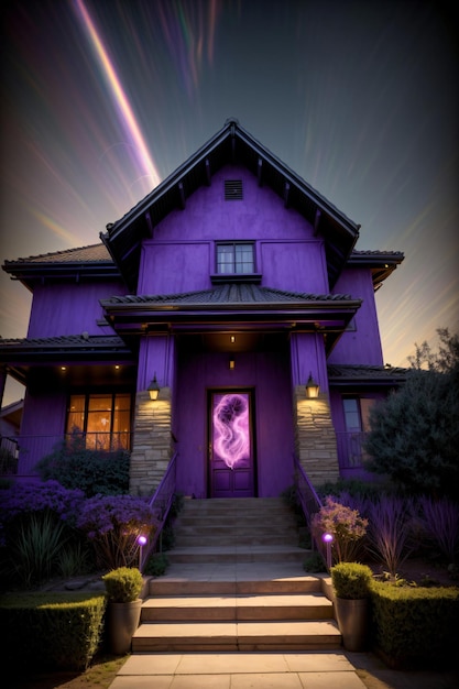 Une maison violette avec un coeur peint sur la porte