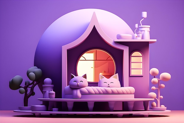 Maison violette pour chaton en style 3D générer une IA