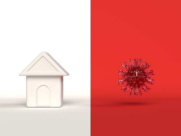 Photo maison et virus rouge blanc rendu 3d