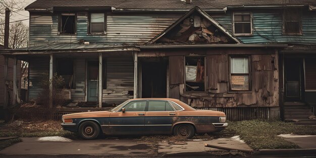 Maison et voiture abandonnées par IA générées par l'IA dans le monde après une rupture financière