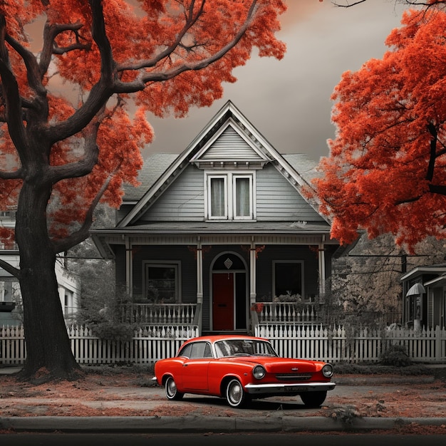 Une maison avec une voiture rouge devant elle.