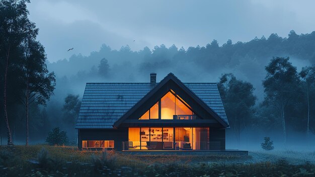 une maison avec une vue sur les bois en arrière-plan