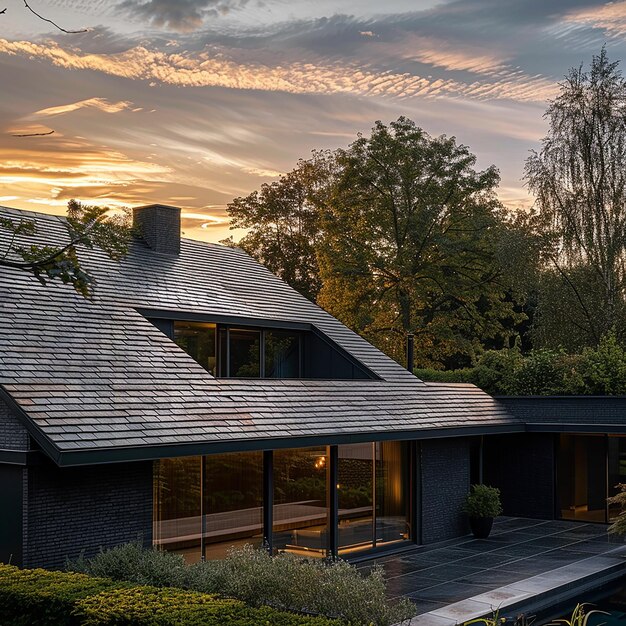 une maison avec une vue sur le ciel et un arbre au premier plan