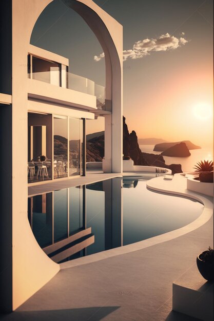 Une maison avec vue sur l'océan et le soleil