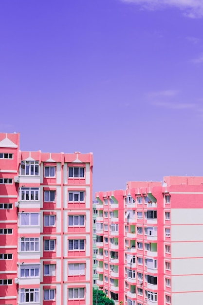 Maisons d'architecture de construction de panneaux roses sur fond de ciel violet Vieilles maisons résidentielles urbaines de neuf étages avec fenêtres Art surréaliste
