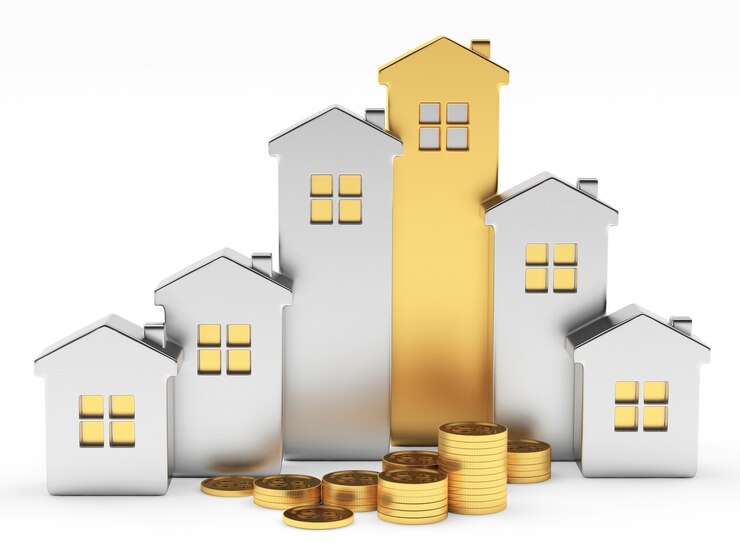 Photo maisons en argent et en or d'un graphique et pièces de monnaie